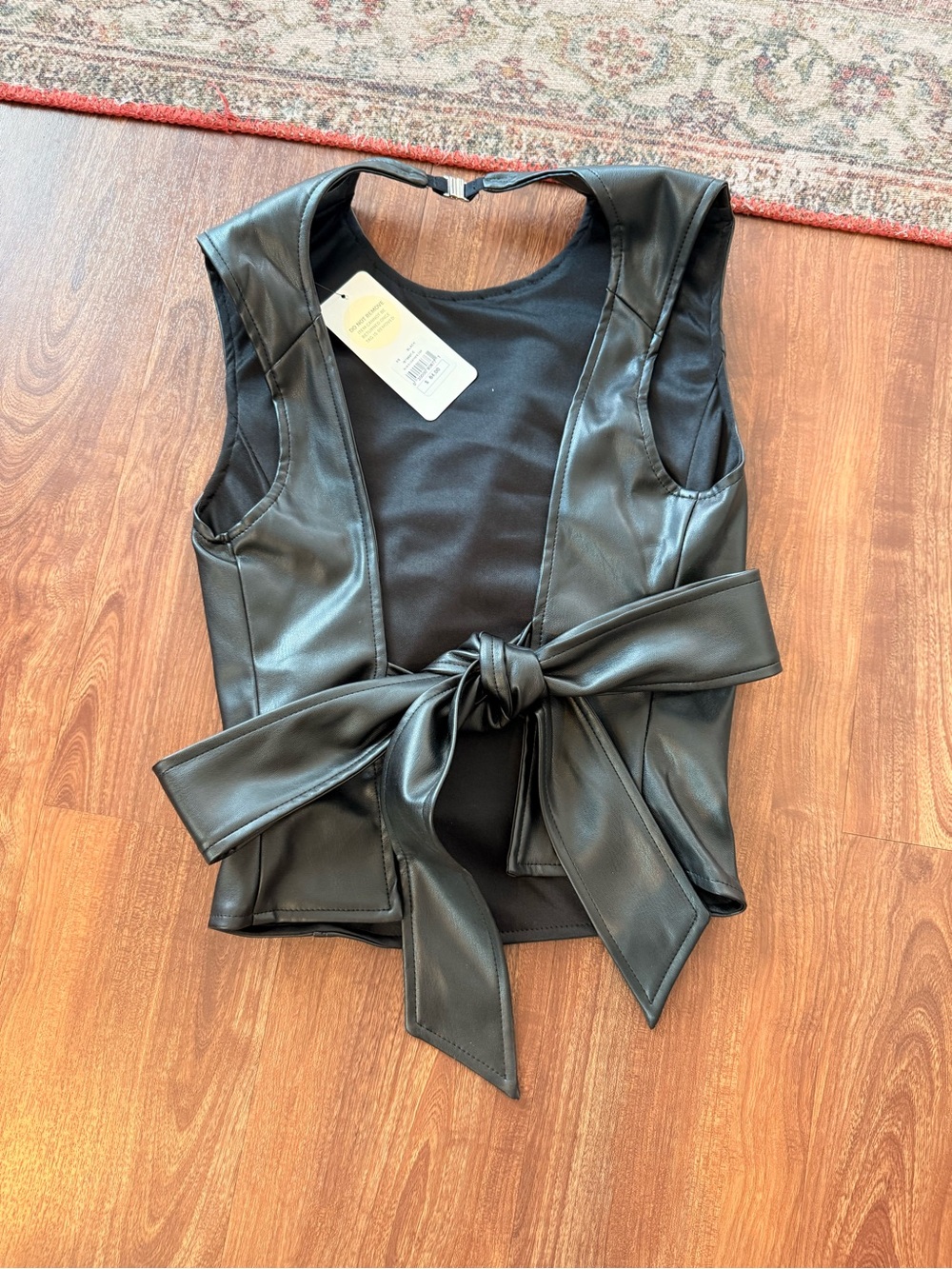 American Threads Black Faux Leather Tie-back Tank